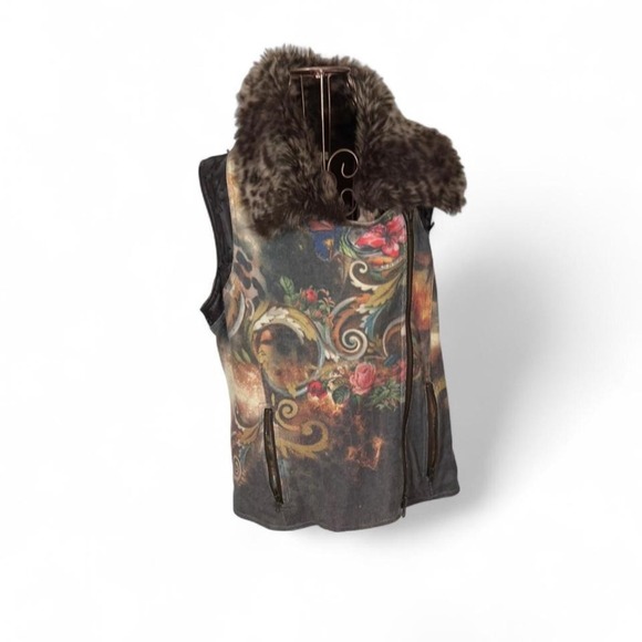 Alberto Makali Faux Fur Collar Vest Size L Y2K Baroque Print, Flaw Read - Picture 3 of 6